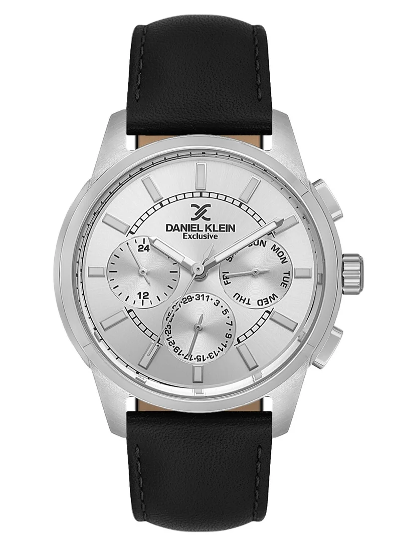 DANIEL KLEIN Men's Leather Silver Alloy Case Analog Silver Round Sunray Dial Japanese Quartz Exclusive 50 Meters Water Resistant